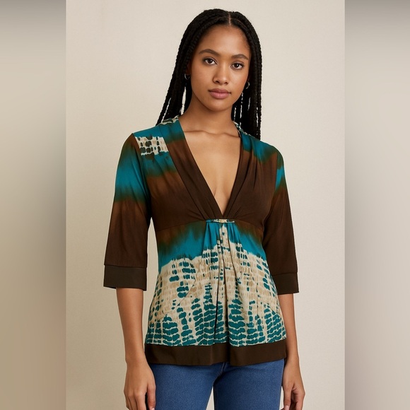 Vintage Y2K Top Women’s Large Babydoll V Neck Boho Western Brown Teal Made USA - Picture 1 of 9